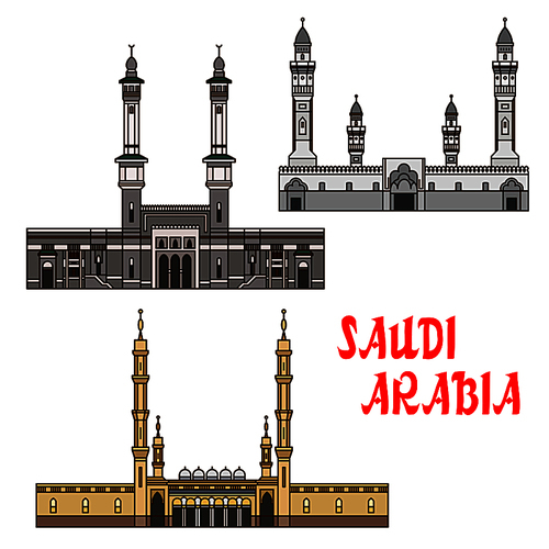 Ancient islamic travel landmarks of Saudi Arabia icon with sacred Great Mosque of Mecca, Prophets Mosque and Quba Mosque. Use as travel and religion theme design. Thin line style