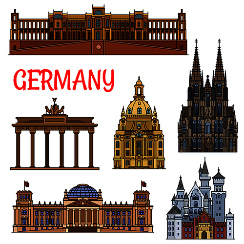 Historic sightseeings and buildings of Germany. Vector icons of Brandenburg Gate, Reichstag, Neuschwanstein Castle, Cologne Cathedral, Frauenkirche, Maximilianeum. German showplaces symbols for souvenirs, postcards, t-shirts, magnets