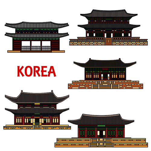 Historic temples of Korea. Vector detailed icons of Haeinsa, Gyeongbokgung, Gyeongbok palace, Namhansanseong, Changdeok, Changdeokgung, Bongeunsa. Korean showplaces symbols for souvenirs, postcards, t-shirts cups magnets