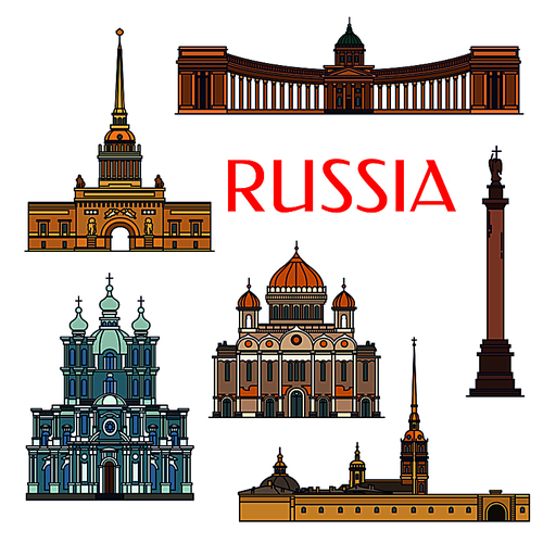 Historic sightseeings and buildings of Russia. Vector architecture detailed icons of Admiralty, Alexander Column, Palace Square, Kazan Cathedral, Christ the Saviour, Smolny Convent. Russian symbols for souvenirs, postcards, t-shirts, magnets