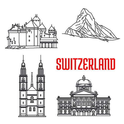Historic sightseeings and buildings of Switzerland. Vector icons of Federal Palace, Matterhorn, Chillon Castle, Grossmunster. Swiss showplaces symbols for souvenirs, postcards, t-shirts