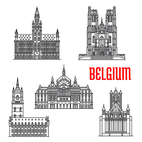 Famous historic buildings of Belgium. Vector thin line icons of Town Hall, Michael and Gudula Cathedral, Cloth Hall, Central Station, Peter Church Leuven. Belgian architecture symbols for souvenirs, postcards