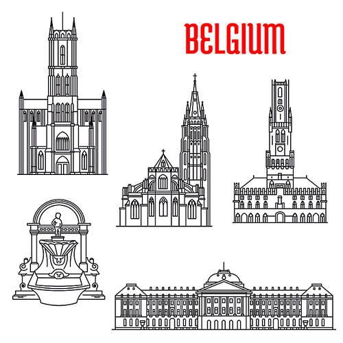 Famous historic buildings of Belgium. Thin line icons of Manneken Pis, Royal Palace, Belfry of Bruges, Church of Our Lady, St Bavo Cathedral. Belgian showplaces symbols for souvenirs, postcards, t-shirts