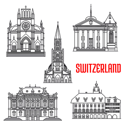 Historic architecture buildings of Switzerland. Vector thin line icons of Bern Minster, Zurich Opera House, St. Pierre Cathedral, St. Peter Cathedral, Lucerne Old Town. Swiss showplaces symbols for souvenirs, postcards