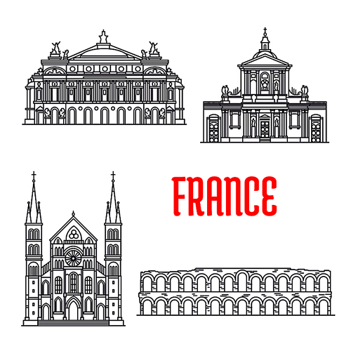 Historic architecture buildings of France. Vector thin line icons of Opera Garnier Grand Opera, Arena of Nimes, Abbey of Saint-Remi, Sorbonne. French showplaces symbols for souvenirs, postcards, t-shirts