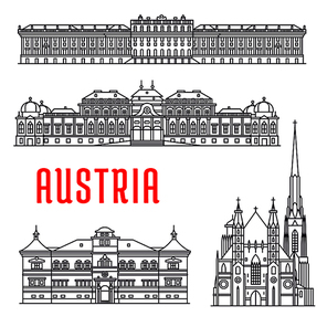 Historic architecture buildings of Austria. Vector thin line icons of Schonbrunn Palace, St. Stephen Cathedral, Belvedere, Hellbrunn Palace. Austrian showplaces symbols for souvenirs, postcards, decoration