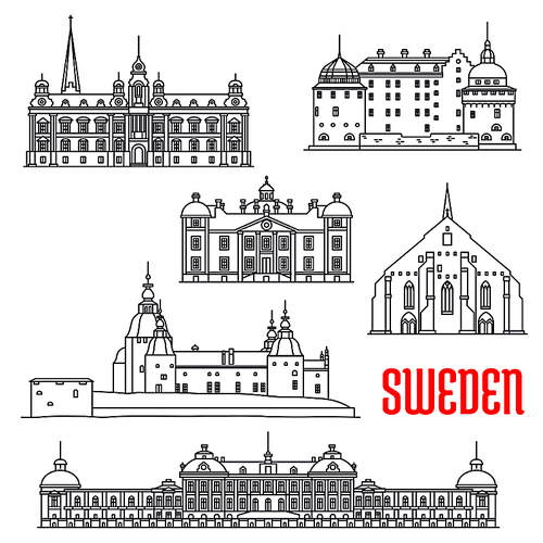 Historic architecture buildings of Sweden. Vector thin line icons of Vadstena Abbey, Malmo Town Hall, Kalmar, Orebro and Stromsholm Castle, Drottningholm Palace. Swedish showplaces symbols for souvenirs, postcards, decoration