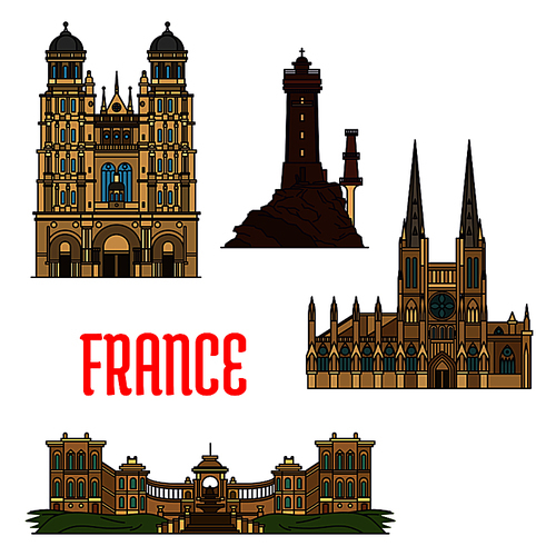 French travel landmarks icon with thin line roman catholic Cathedral of Saint Andrew and Church of Saint Michel, iconic La Vieille lighthouse and Palais Longchamp. Travel and vacation planning design