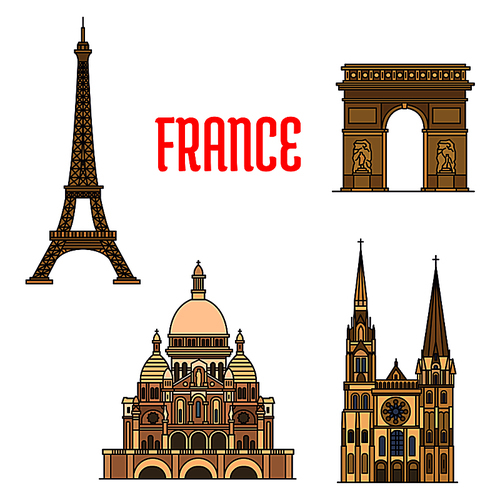 Travel landmarks of France thin line icon with iconic monuments of Eiffel Tower and Triumphal Arch of the Star, roman catholic Basilica of the Sacred Heart and gothic Chartres Cathedral