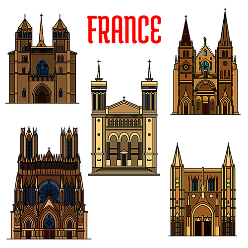 Travel landmarks of french gothic architecture icon with linear Church of Saint-Nizier, Basilique de Fourviere, Reims Cathedral, roman catholic Dijon Cathedral and Basilica of Saint Denis