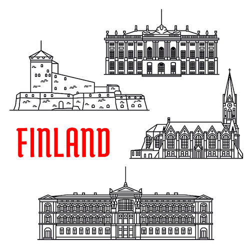 Travel landmarks of Finland and Denmark thin line icon with sea fortress Sveaborg, Lutheran Church of Kotka, art museum Ateneum and palace of danish royal family Amalienborg