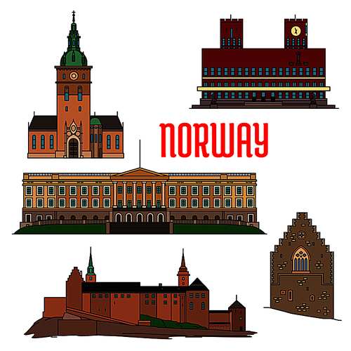 Historic sightseeings and buildings of Norway. Vector detailed icons of Royal Palace, Akershus Fortress, Hakons Hall, Oslo Cathedral, Radhus. Norwegian showplace symbols for , souvenirs, postcards
