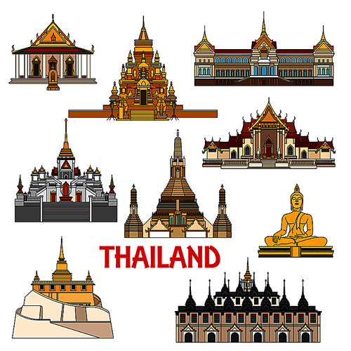 Historic sightseeings and architecture buildings of Thailand. Vector detailed icons of Thai palaces, buddha temples, pagodas. Ratchanadda, Benchamabophit, Arun, Saket, Laem Sor, Traimit, sattahip elements for souvenirs, postcards