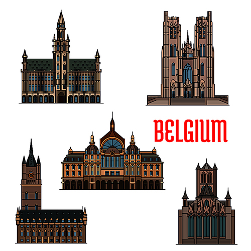 Famous historic buildings of Belgium. Vector detailed icons of Belfry of Ghent, St Bavo Cathedral, St Michael Catherdral, Antwerp Central Station. Belgian architecture symbols for , souvenirs, postcards