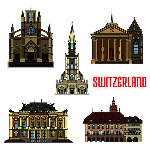 Historic buildings icons of Switzerland. Notre Dame Basilica, St. Pierre Cathedral, Lucerne Town Hall, Zurich Opera House, Bern Minster. Swiss showplaces symbols for , souvenirs, postcards, t-shirts