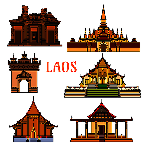 Historic buildings of Laos. Pha That Luang, Sisaket, Vat Phou, Patuxai Arch, Wat Xieng Thong, Vat Sene Souk Haram. Vientiane showplaces icons for souvenirs, postcards, t-shirts