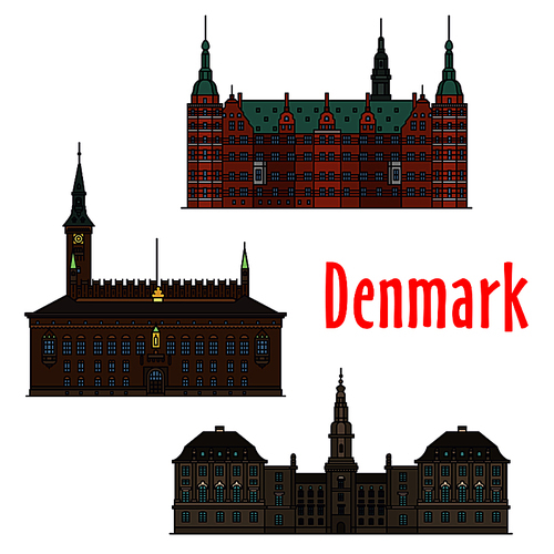 Historic buildings and architecture of Denmark. Christiansborg Palace, Frederiksborg Castle, Copenhagen City Hall. Danish showplaces detailed icons for , souvenirs, postcards, t-shirts