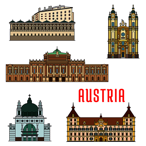 Historic buildings of Austria. Vector architecture icon of Burgtheater, Eggenberg Palace, Melk Abbey, Ambras Castle, Kirche am Steinhof for souvenirs, postcards, t-shirts