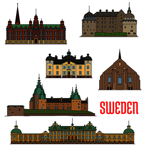 Historic architecture landmarks icons of Sweden. Showplaces detailed icons of Vadstena Abbey, Malmo Town Hall, Kalmar, Orebro, Stromsholm Castle, Drottningholm Palace for , souvenirs, postcards, decoration