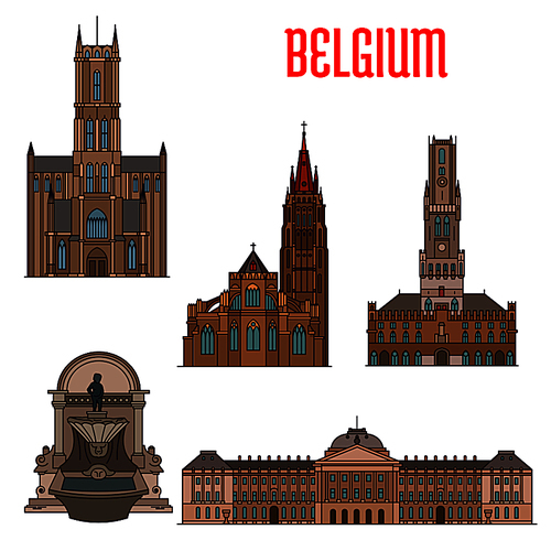 Famous historic buildings and landmarks of Belgium. Detailed icons of Manneken Pis, Royal Palace, Belfry of Bruges, Church of Our Lady, St Bavo Cathedral. Belgian symbols for souvenirs, postcards
