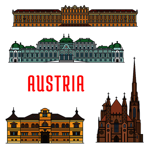 Historic buildings and sightseeing landmarks of Austria. Vector detailed icons of Schonbrunn Palace, St. Stephen Cathedral, Belvedere, Hellbrunn Palace. Austrian showplaces for souvenirs, postcards