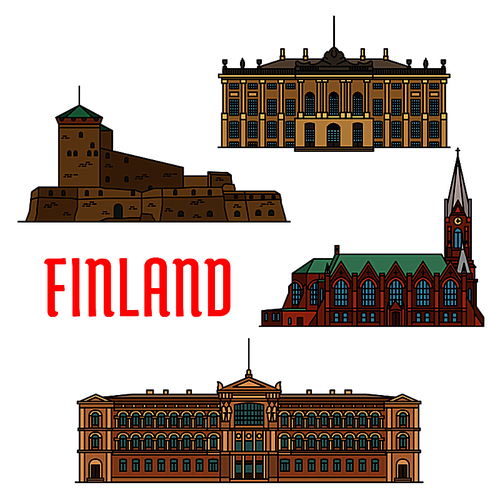 Historic architecture landmarks of Finland. Detailed icons of Suomenlinna, Sveaborg, Kotkan Church, Ateneum Museum, Amalienborg Palace. Finnish showplaces and sightseeing symbols for souvenirs, postcards