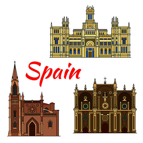 Famous historic buildings and landmarks of Spain. Detailed architecture icon of Cibeles Palace, Santiago Cathedral, Granada Cathedral. Symbols for souvenirs, postcards