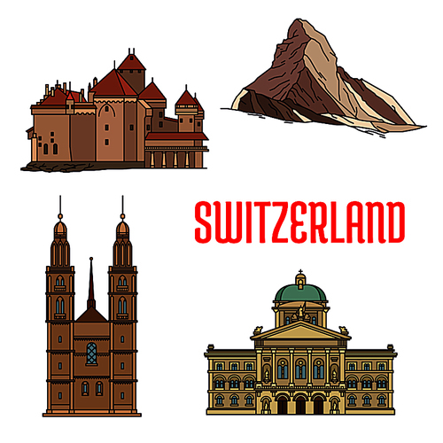 Historic architecture buildings of Switzerland. Detailed icons of Federal Palace, Matterhorn, Chillon Castle, Grossmunster. Swiss showplaces and landmark symbols for souvenirs, postcards