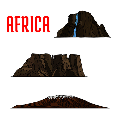 Travel landmarks of Africa thin line icon. Famous african natural landmarks with linear Kibo summit of Kilimanjaro mountain, Drakensberg or Dragons mountains and Tugela Waterfall