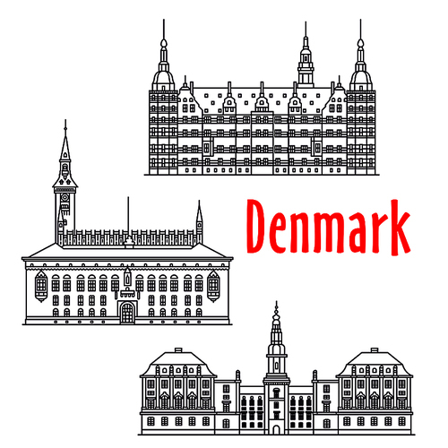 Symbolic travel landmarks of Denmark icon with Copenhagen City Hall on the City Hall Square, palatial complex Frederiksborg Castle, government building Christiansborg Palace, thin line style