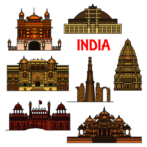 Travel landmarks of indian architecture thin line icon with minaret Qutub Minar, buddhist Great Stupa, Red Fort, sikh Golden Temple, Virupaksha Temple and Swaminarayan Akshardham temple complex