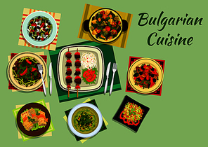 national dishes of bulgarian cuisine with lamb kebab and vegetables, cabbage rolls sarmi and pork with prunes, cabbage soup, lamb and vegetable casserole guvech, spicy vegetable and meat salads. flat style