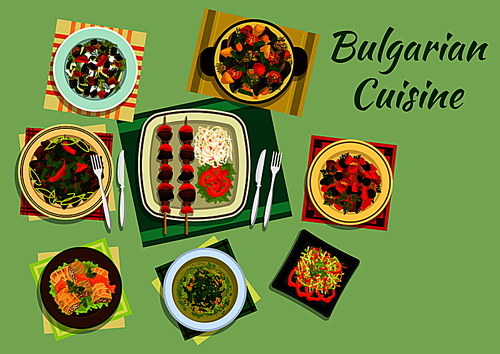 national dishes of bulgarian cuisine with lamb kebab and vegetables, cabbage rolls sarmi and pork with prunes, cabbage soup, lamb and vegetable casserole guvech, spicy vegetable and meat salads. flat style