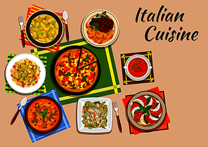 National italian cuisine with margarita pizza surrounded by tomato and mozzarella salad and potato gnocchi, pasta soup and caesar salad, grilled steak, vermouth soup and pasta salad