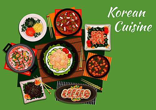 Korean cuisine beef bulgogi served with marinated vegetable salad and spicy kimchi soup, scallop salad, fried shrimps with spinach, seafood soup, stuffed squids and tofu soup with pork