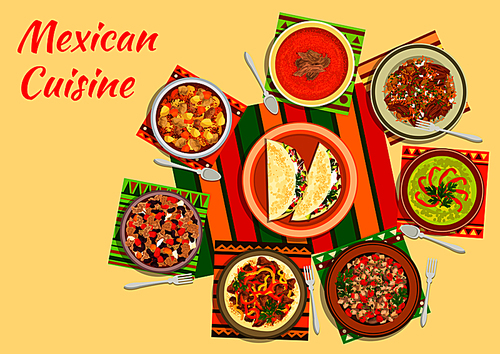 Mexican taco salad icon served in the center of a table with tomato soup, beef fajitas, bean stew chilli con carne, chilled avocado soup, chicken stew with tomato sauce, meat and pepper salad, beef tongue with vegetables. Flat style