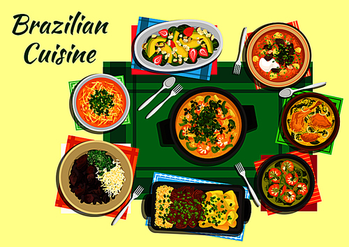 brazilian seafood and black bean stews flat icon served with tomato beef and spicy lentil soups, thick shrimp and duck soups with tucupi broth, grilled meat with yuca fries and  and fruit salad with nuts