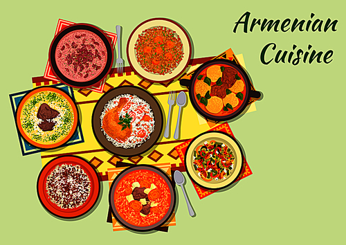 armenian cuisine icon with dumpling soup, baked chicken stuffed with  and dried fruit, beef soup with dried apricot, vegetable salad, food with minced beef, bean soup, yoghurt soup, lentil salad