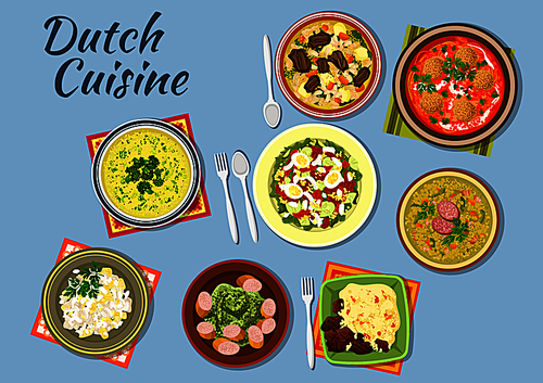 dishes of dutch cuisine with salmon and egg salad, tomato soup with bitterballens, pea soup snert, stamppot potato with sausage, bean soup, diced beef with s, green soup with herbs and meat salad with pineapple