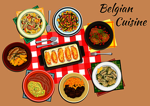 Belgian cuisine endive rolls witloof with ham and cheese flat icon served with milk sausages, fries with beef stew, mashed potatoes stoemp, creamy chicken and vegetable stew, rabbit with cherries, potato salad  beans, eel in green sauce