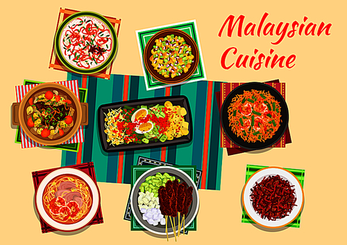 malaysian cuisine icon with  and egg salad, meat skewers satay with peanut sauce, pineapple and cucumber salad, beef ribs soup, fried  with shrimps, crispy beef and food porridge