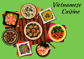 Vietnamese cuisine seafood salad and soup icon served with crispy lamb, chicken soup with shiitake mushrooms, beef noodles, mango salad, spinach salad with shrimps, eggplant stew