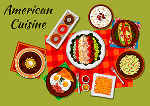 American cuisine typical dinner sign with hot dog, french fries, eggs and toast, vegetable cobb salad, glazed donut, bacon chowder soup, cucumber salad and baked beans with bacon