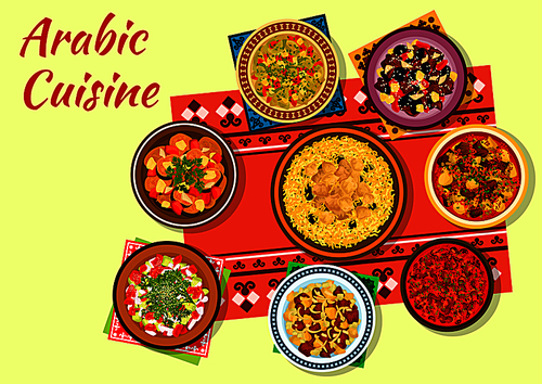 arabic cuisine authentic dishes icon with chicken , beef pea soup, tomato bean stew, vegetable salad, lamb tagine with dried fruits, veal vegetable stew and baked zucchini salad