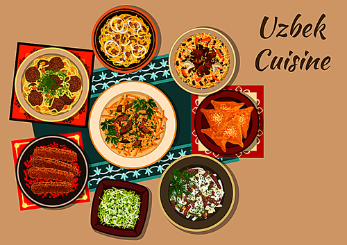 Uzbek cuisine dishes sign with meat pie samsa, kebab with pomegranate, pilaf with beans, pickled radish, egg omelet meat salad, radish salad with lamb, chickpea, meatball and beef soups with noodle