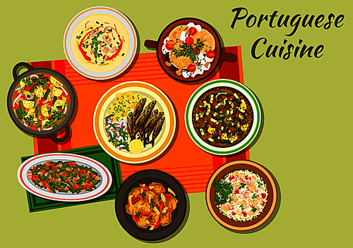 Portuguese cuisine cabbage and sausage soup caldo verde icon with fried sardine, bean stew, fish paella, baked eggplant with mushrooms, fish stew, pork with vegetables, cabbage soup with chorizzo