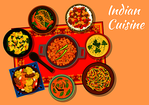 indian cuisine chickpea curry sign with warm cabbage salad, chicken with vegetables, spinach potato, eggplant stew with , corn soup with lentil, snack pie khaman, curry chicken with carrot