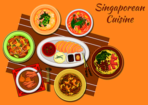 singaporean cuisine chicken  icon with seafood noodle soup laksa, minced pork noodles, pork rib soup, pork noodles with wonton dumplings, food noodles rojak, pineapple with fritters and nuts