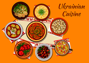 Ukrainian cuisine dishes icon with beet soup borscht with dumplings, mushroom and chicken aspic, eggplant stew, millet soup with pork fat, beet with pickled vegetables, bean and beet salad with prunes