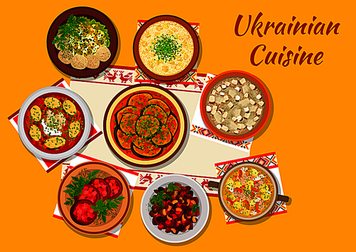 Ukrainian cuisine dishes icon with beet soup borscht with dumplings, mushroom and chicken aspic, eggplant stew, millet soup with pork fat, beet with pickled vegetables, bean and beet salad with prunes